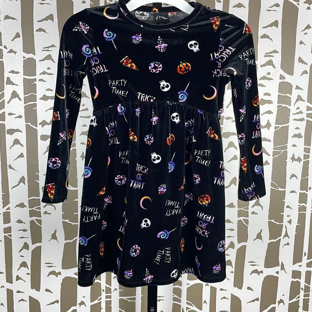 Halloween Girls Black Velvet Long Sleeve Halloween Dress XS 4/5